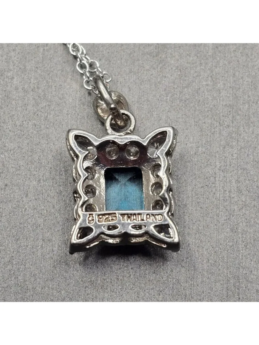 Edwardian Revival Sterling Silver Blue Topaz Pendant Necklace Emerald Cut 925 - Picture 5 of 15